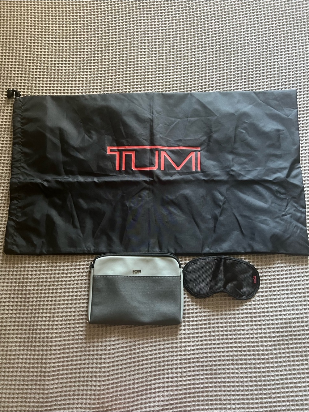 Tumi Dust Cover Travel Laundry Bag, Tumi Toiletries bag, Tumi Sleep mask